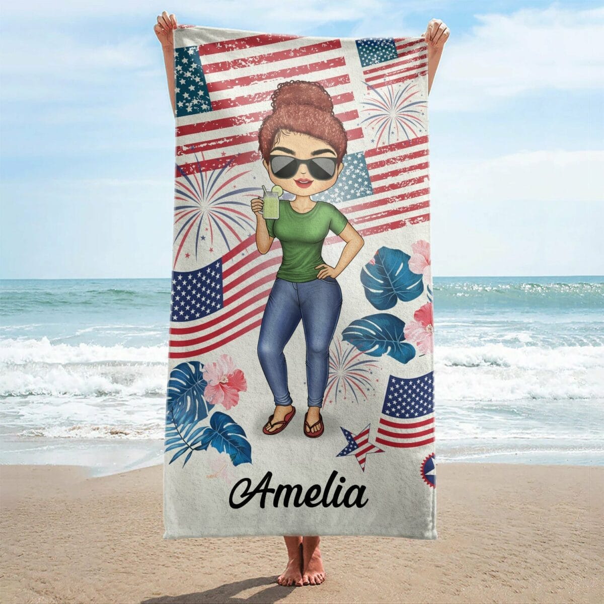 chibi traveling beach poolside swimming picnic vacation stars and stripes birthday funny gift for her him besties family personalized custom beach towel f1s6p