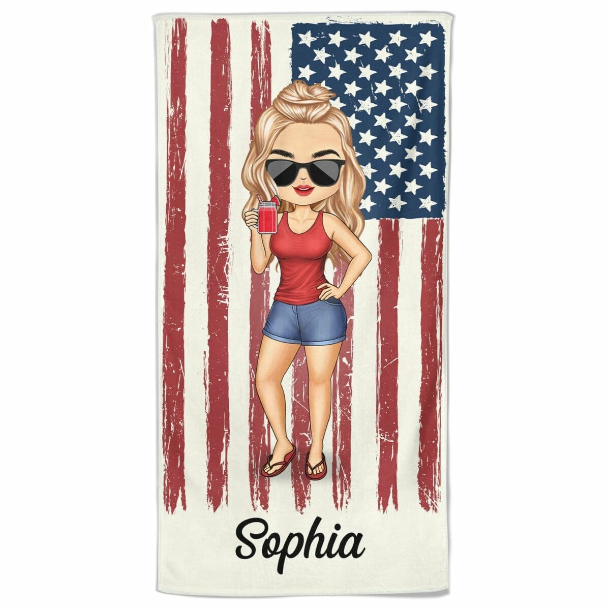 chibi traveling beach poolside swimming picnic vacation stars and stripes birthday funny gift for her him besties family personalized custom beach towel wauq3