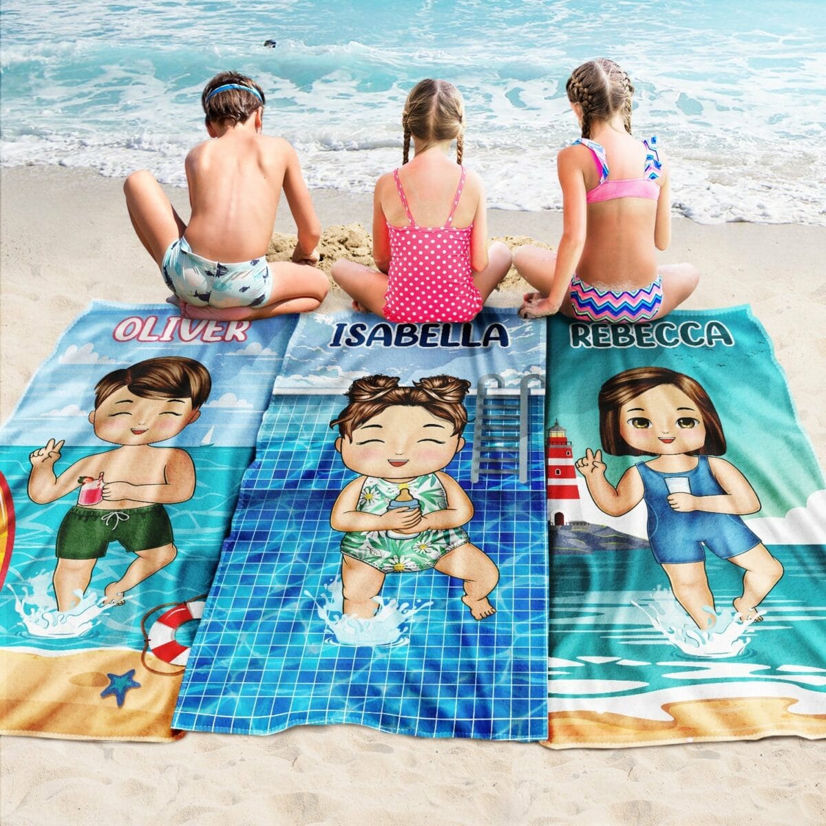 kids on the beach sand pool gift for children grandkids personalized custom beach towel