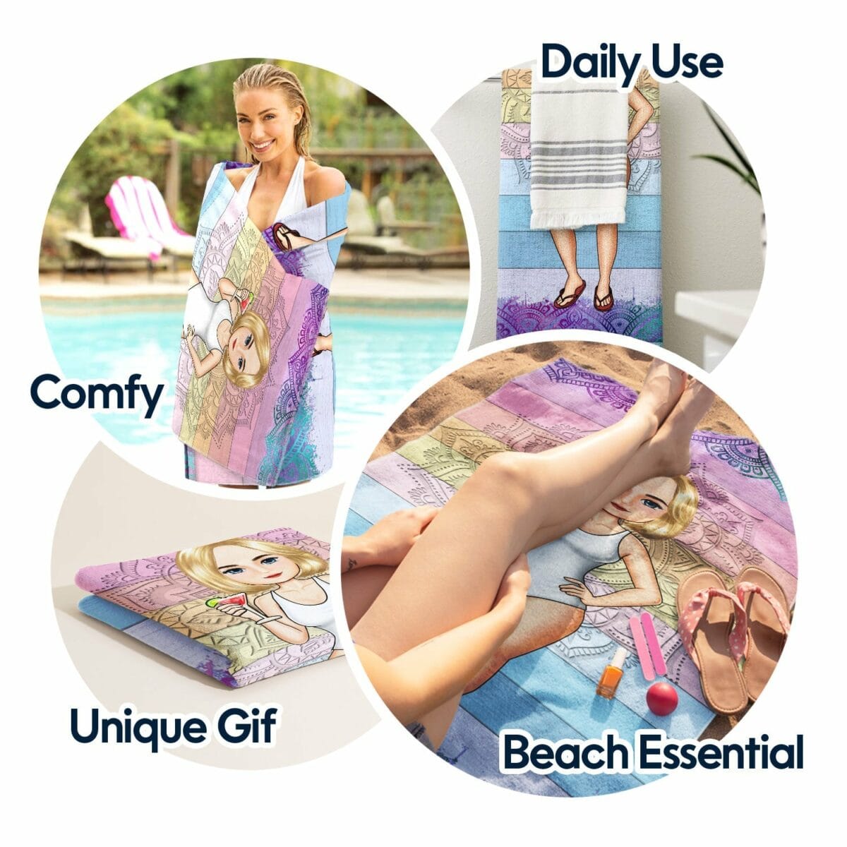 traveling beach poolside swimming picnic vacation birthday funny gift couples parents family kids personalized custom beach towel camc8