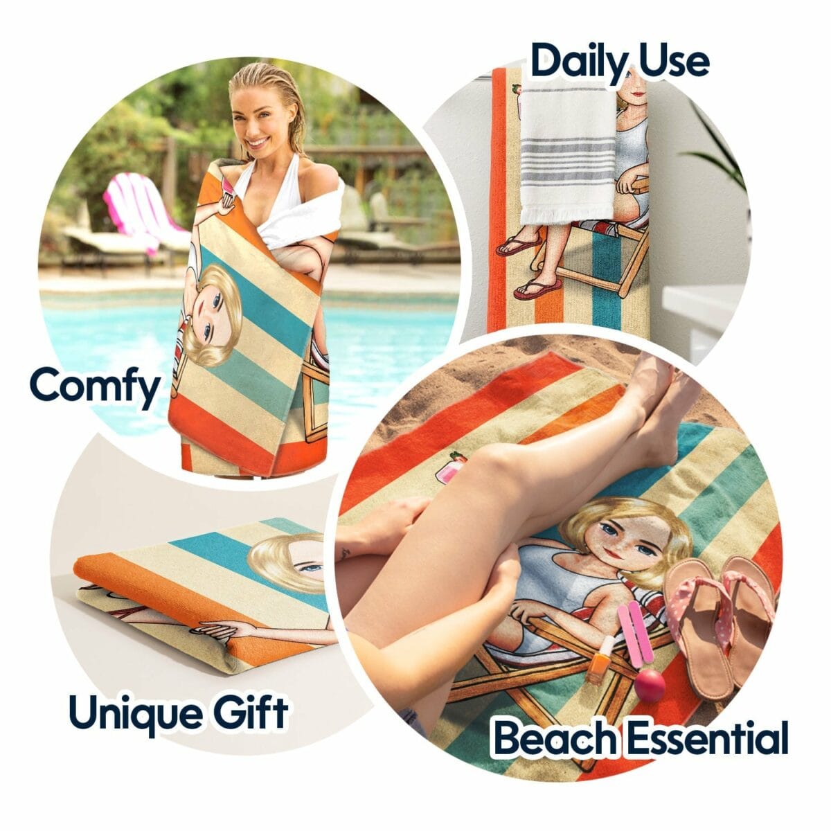 traveling beach poolside swimming picnic vacation cartoon birthday funny gift for her him besties family personalized custom beach towel ea6zf